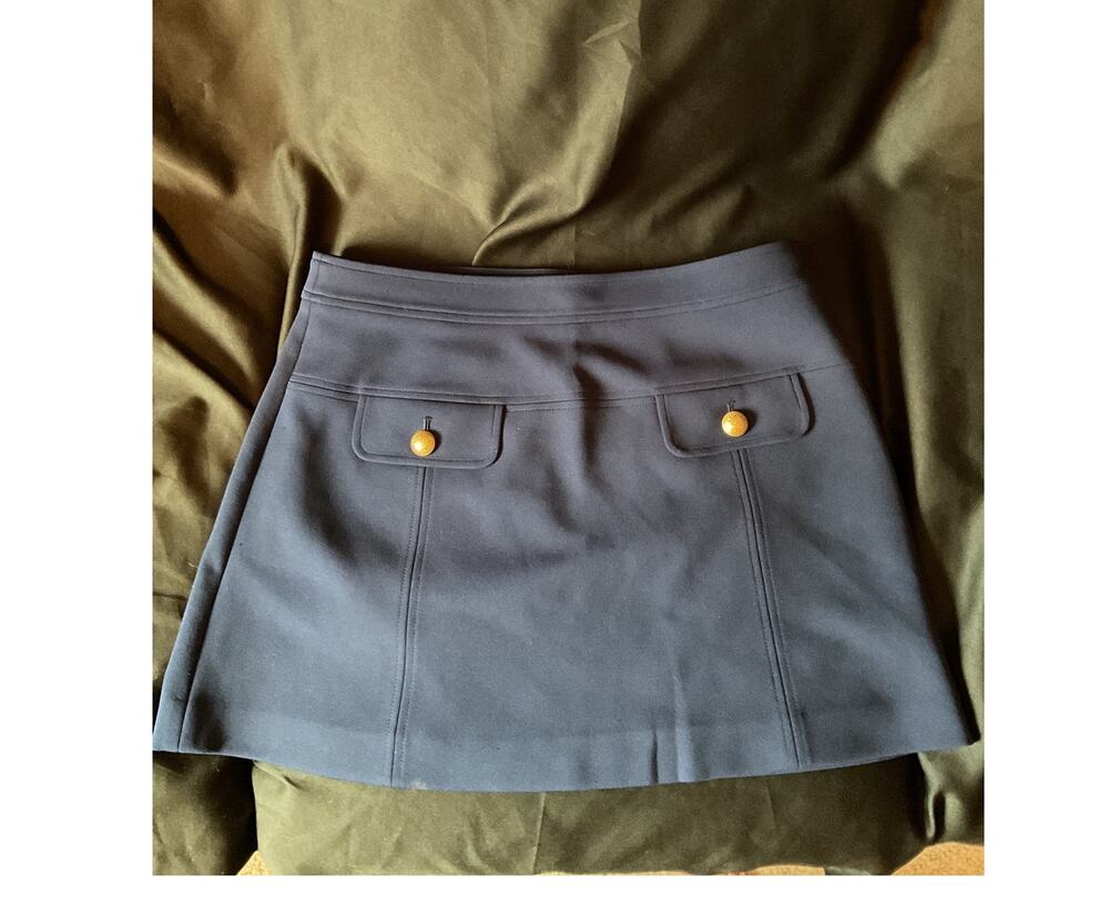 Boden Navy Blue Mini Skirt Gold Button Faux Pockets Structured Classic US 14